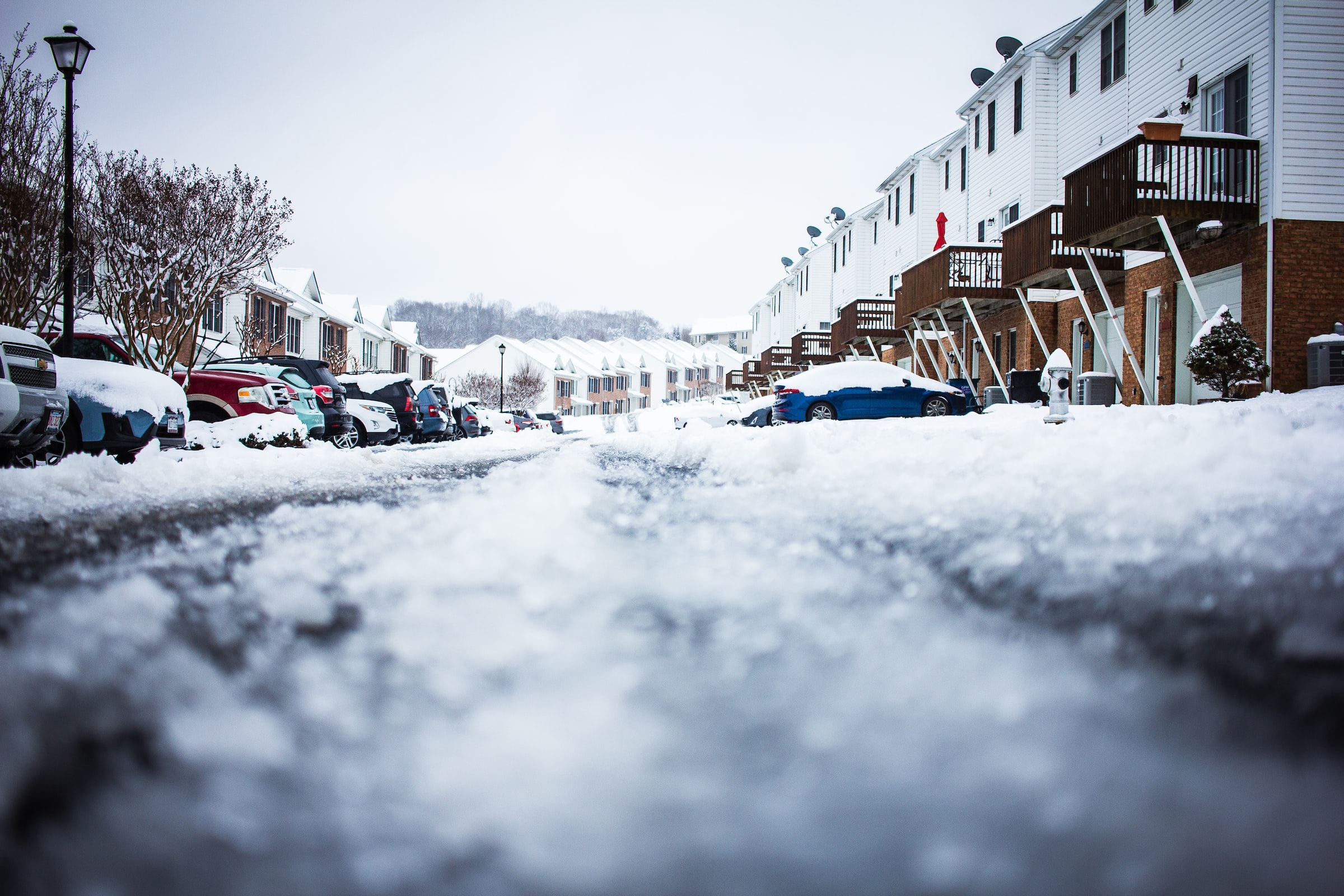 A snowy street in a small town